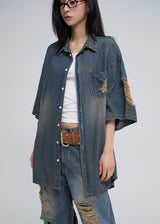 Sia damage washed denim short-sleeved shirt