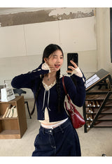 Lace shirring two-piece long-sleeved blouse T-shirt