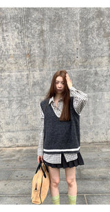 French checkered pocket loose fit long-sleeved shirt