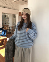 Clo Hairy Stripe Henley Neck Knit