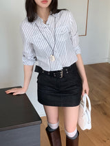 ルートストライプスナップボタンダブルポケットシャツ