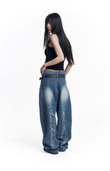 Stripe Lettering Denim Pants - Medium Blue