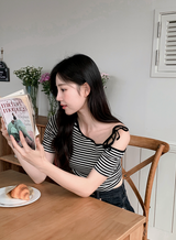 Border Ribbon Off Shoulder Short Sleeve T-Shirt (2color)