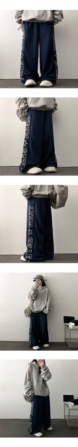 Ez embroidered big lettering sweatpants wide pants