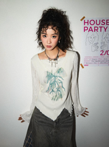 ワンショルダーVネックストライププリンティド長袖Tシャツ