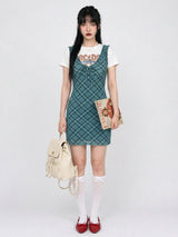 EVERGREENTY CHECK RIBBON MINI DRESS