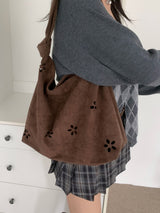 Brown Haze Flower Punching Suede Twist Shoulder Bag (Brown)