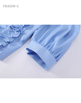 Ravina frill detail puff sleeve blouse blue