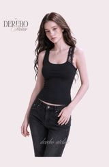 Black lace square short-sleeve blouse