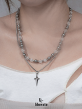 [S.Steel] Clear Beads Cross Necklace