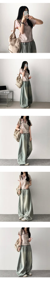 Rmin Side Pintuck Summer Long Pants Denim Wide Pants [Choose short and long]