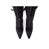 Satin Lace-Up Under The Knee Boots Heel(Black)