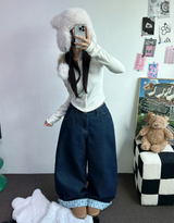 RIBBON🎀WIDE RIBBON ROLL-UP DENIM PANTS 🩵🎀