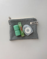 Linen stripe flat pouch - green , M size