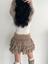 Beige Flower Frill Skirt&Pants