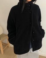 Haking High-Neck Button Sherpa Fur Loose-Fit Jumper