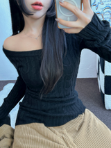 OFF SHOULDER TWISTED SLIN LONG KNIT 🩶🤍🖤3COLOR