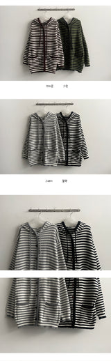 Depot Loose Stripe Hooded Knit Cardigan