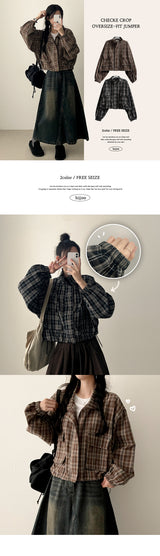 Logle High Neck Check Crop Zip-Up Jumper