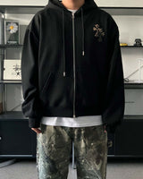 CN leopard patch hooded zip-up