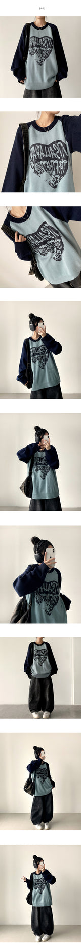 Duka heart color matching Nagrang boxy fit round knit