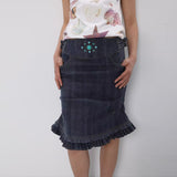 CONFUN 25SS distressed washed lace hem denim skirt