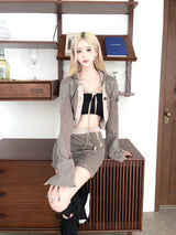 1236. Patchwork cargo crop hood cardi (3color)