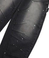 Curved Double Knee Denim Pants - Black