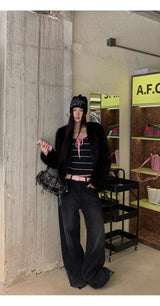 Pink strap striped striped long-sleeved t-shirt