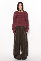 Heavy industry water-washed hand-distressed cable-knit sweater