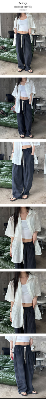 [Unisex] リネンストライプバンドパンツ(2color)