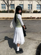 Buring Frill Tiered Lace Flare Midi Skirt