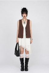 NATURAL LINEN BUTTON VEST (BROWN, BLACK 2COLORS!)