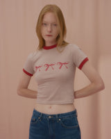 トリプルリボンリンガーTシャツ-BEIGE