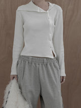 Sailor Collar Unbalanced Button Ribbed T-Shirt