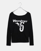 Dua Number Star-printing unbalanced off-shoulder long-sleeve T-shirt