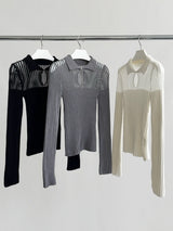 Collar See-Through Stripe Long Sleeve T-Shirt