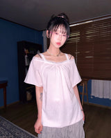 (2color) レースストライプオフショルダーT