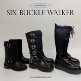 Six buckle belt long worker leather boots
