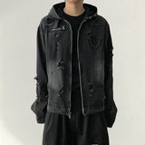 Spot Vintage Damage Crack Denim Hooded Zip-Up Jacket