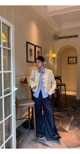 No Collar Round Tweed Loose Fit Jacket