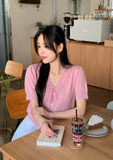 Pastel Pogeun Ribbon Short-Sleeved Knit Cardigan (3color)