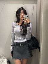 Oen Dot Slit Belt Mini Skirt