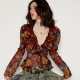 SHEISSHE/PRINTED RUFFLED COLLAR SLIM-FIT SHIRT