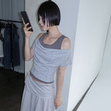 [Ahedin] Ribbed Off-Shoulder Short-Sleeve T-Shirt - 4 Colors