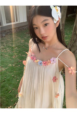 Mobile flower sleeveless long dress