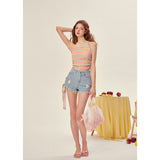[Girly Fancy Club] Rainbow shoulder-slashing neck blouse