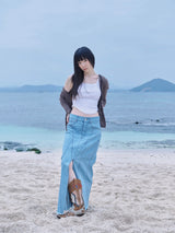 SLIT MAXI DENIM SKIRT (ICE BLUE)