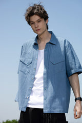 DENIM LINEN WESTERN HALF SHIRTS LIGHT INDIGO