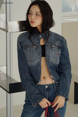 Round medium blue zip-up denim jacket